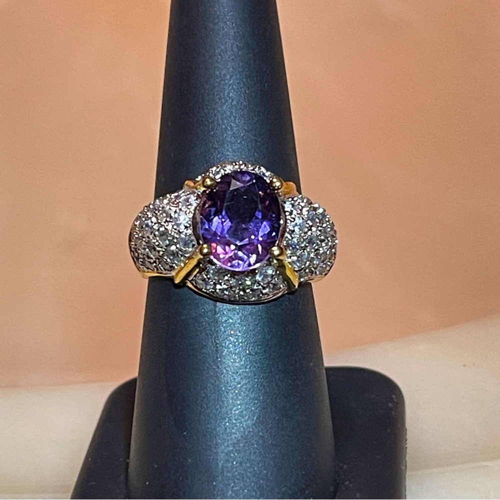 🍾Gorgeous 925 Silver Amethyst & Zircon Dome Dinner Ring!